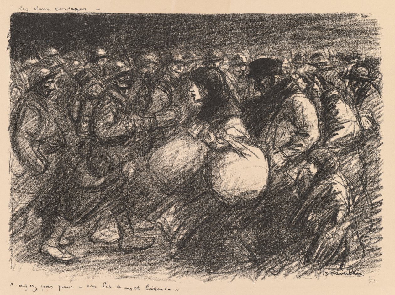Sodan sketsit: Kaksi kulkuetta (Sketches de guerre: Les deux cortèges - "Ayez pas peur - on les a - et bien!") tekijältä Théophile Alexandre Steinlen