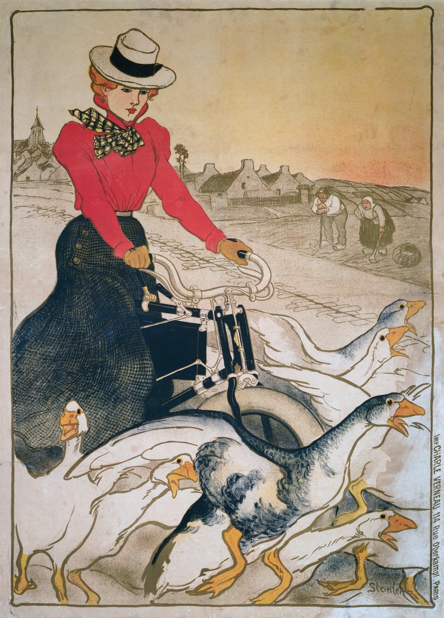 Nainen moottoroidulla velocipedellä ja ryhmä hanhia tekijältä Théophile Alexandre Steinlen