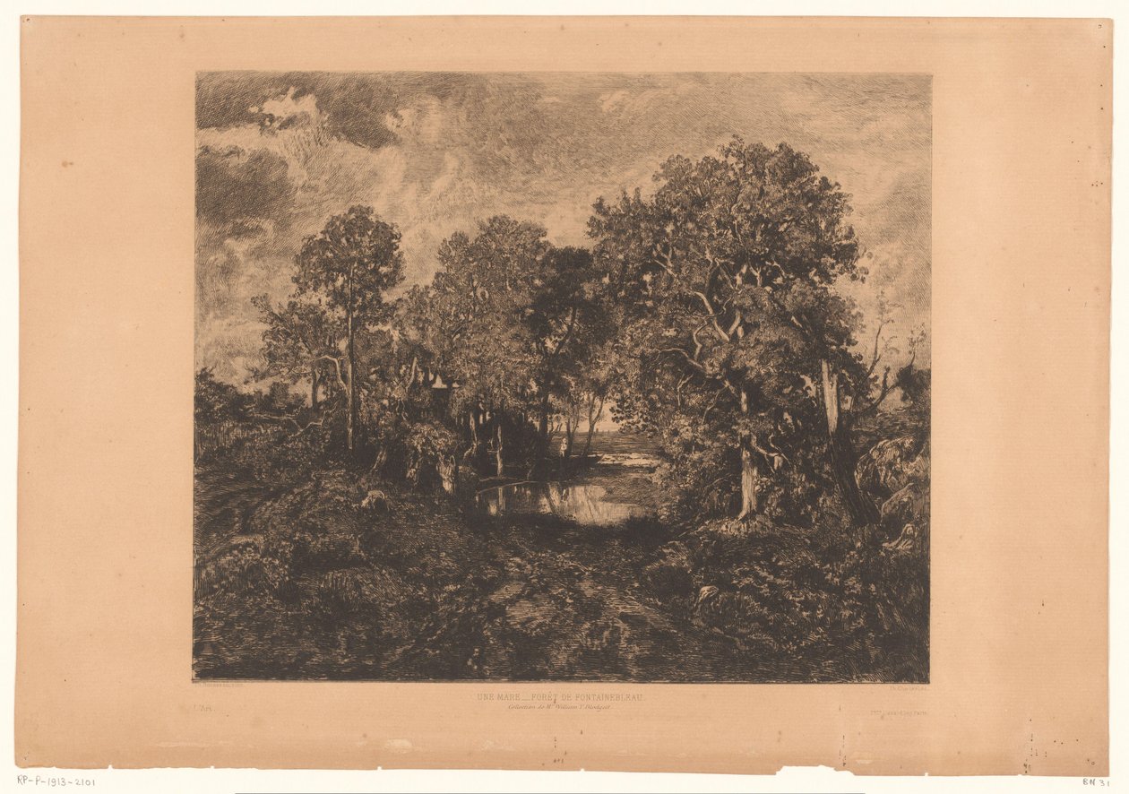 Näkymä Fontainebleaun metsään, jossa on hahmo lätäkössä Une Mare - Forêt de Fontainebleau. (otsikko esineessä) tekijältä Théophile Chauvel