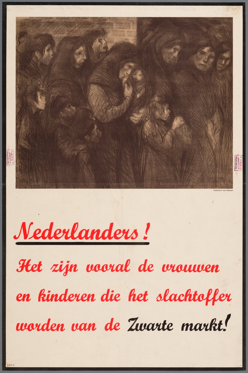 Alankomaiden kansalaisille suunnattu ilmoitus siitä, että erityisesti naiset ja lapset ovat mustan pörssin uhreja. tekijältä Theophile Steinlen