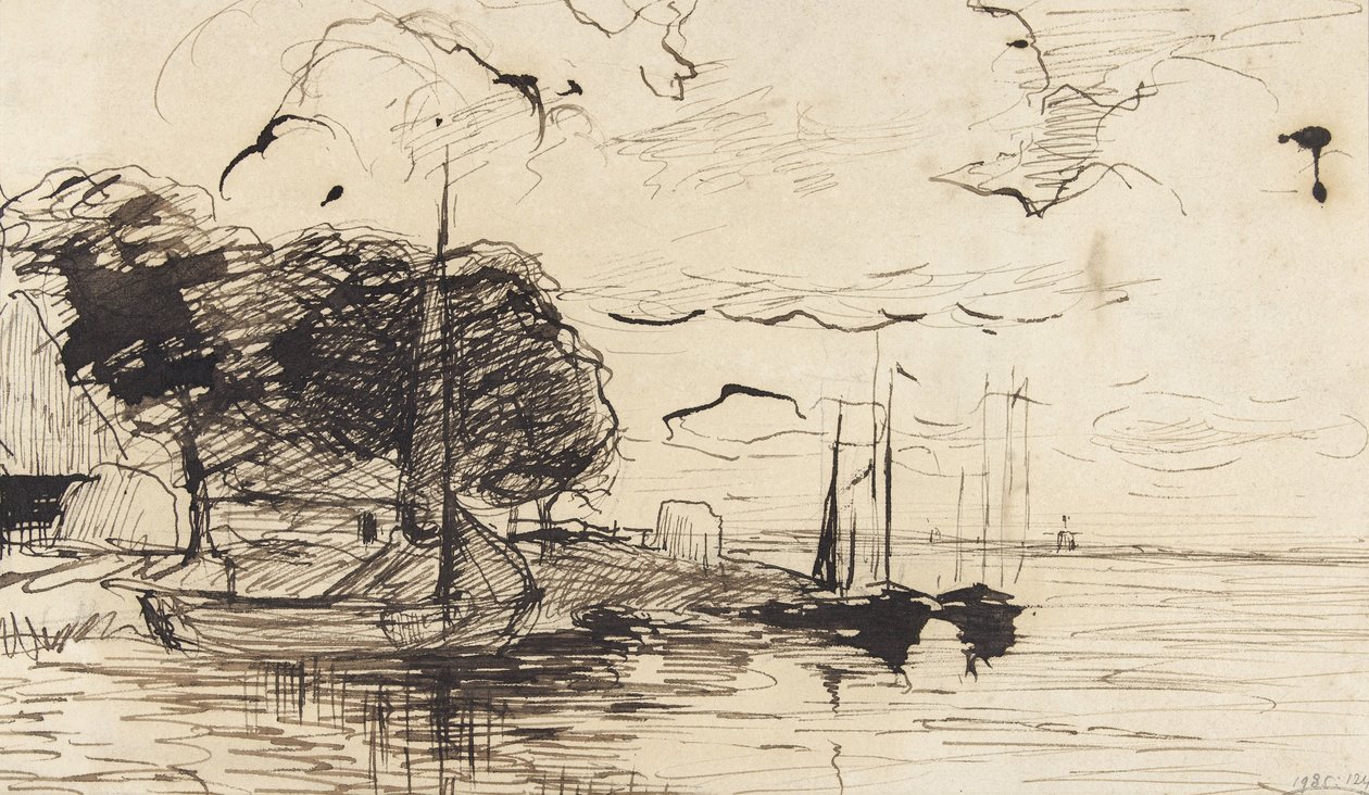 Ranta navetta ja purjelaivoja tekijältä Théophile de Bock (possibly)