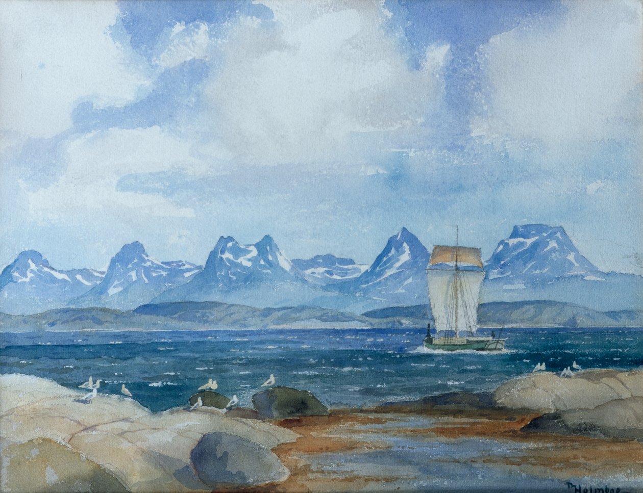 Pohjoinen kalastusvene vuonomaisemassa (kuva) tekijältä Thorolf Holmboe