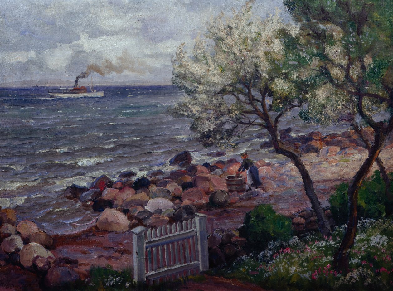 Kesämaisema puutarhaportilla ja naisella (öljy kankaalle) tekijältä Thorolf Holmboe