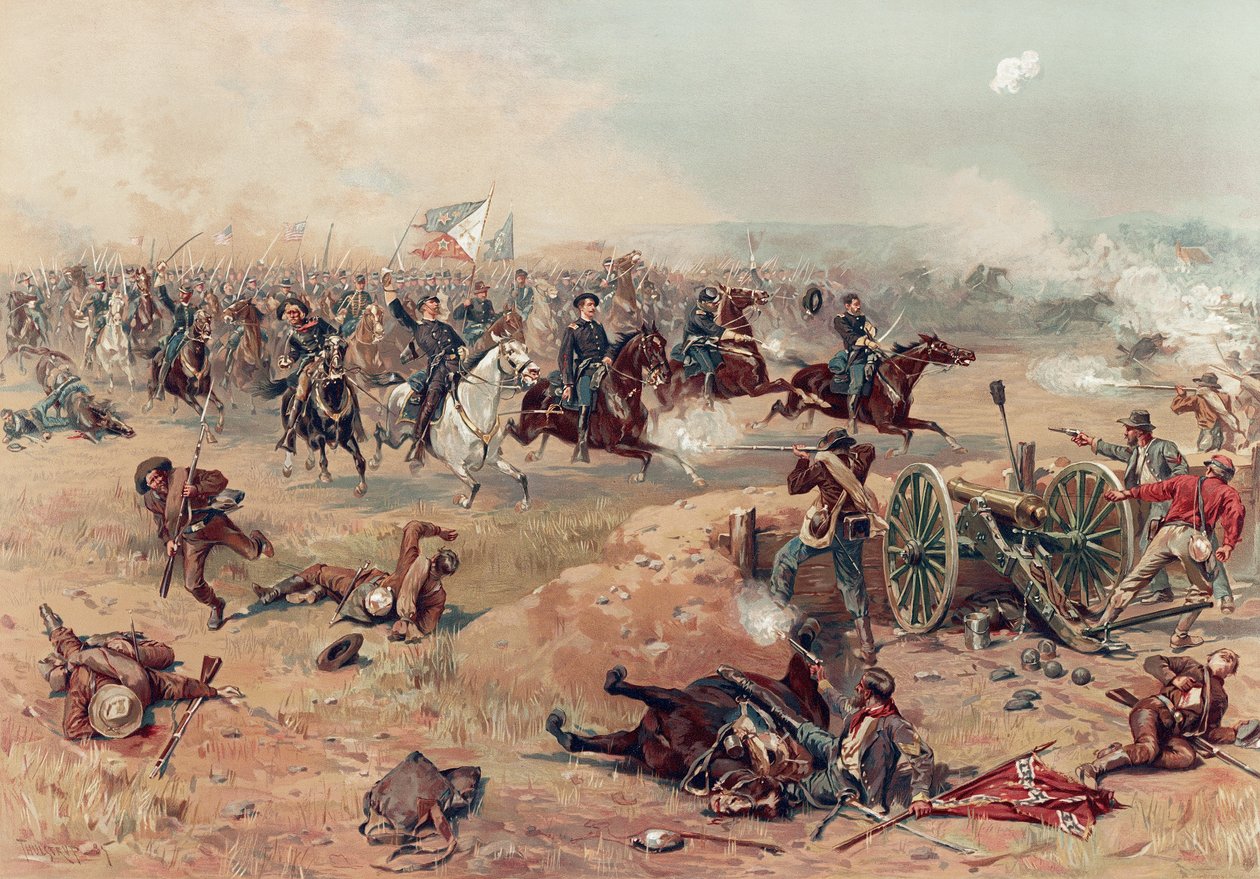 Sheridans Final Charge Winchesterissä, pubissa. :. Prang & Co., 1886 (värilitografia) tekijältä Thure de Thulstrup