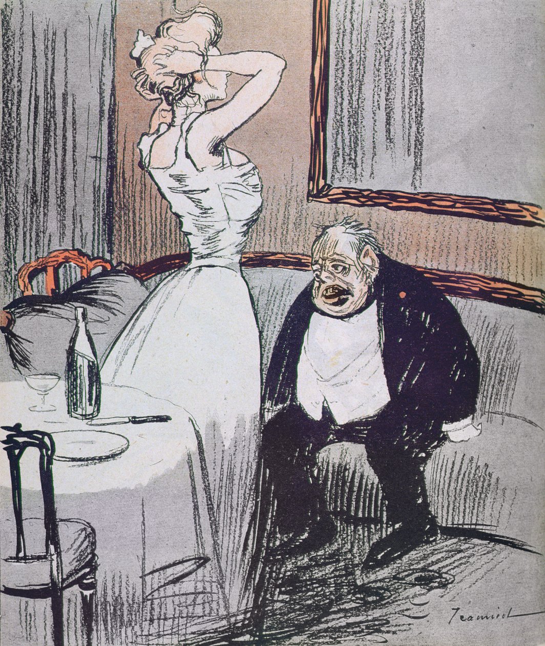 Prostituoitu ja vanha mies LAssiette Au Beurre -lehdestä, pub. 1907 tekijältä Tiamirol