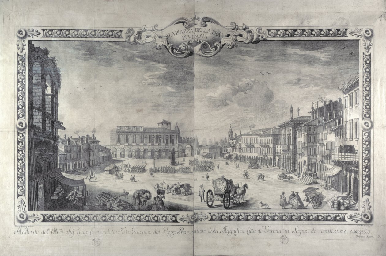 Piazza della Bra, Verona, kaiverrus Gianantonio Urbani, noin 1700 tekijältä Tiberio Majeroni