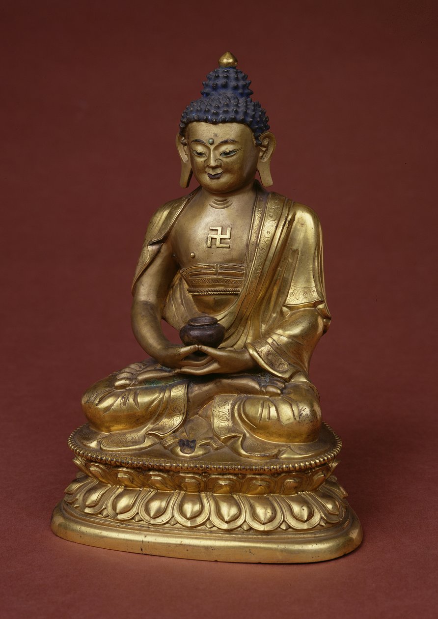 Buddha Amitayus istuu meditaatiossa pitäen nektarimaljakkoa (amrta) sylissään (pronssi) tekijältä Tibetan School