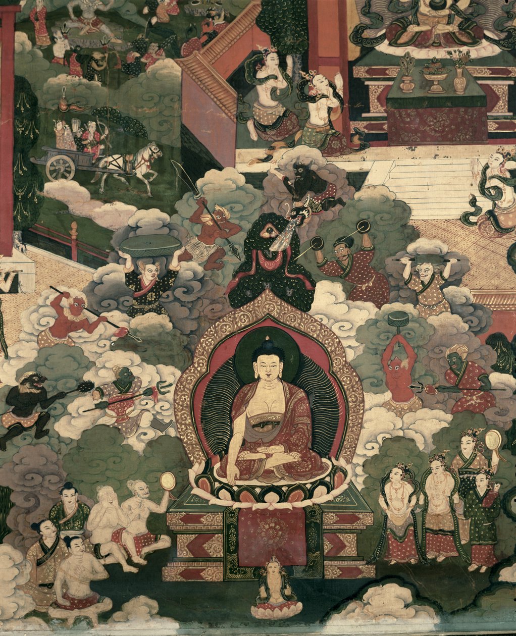 Buddha Shakyamunin elämä, Maran armeijat hyökkäävät autuaita vastaan (maalaus silkille) tekijältä Tibetan School