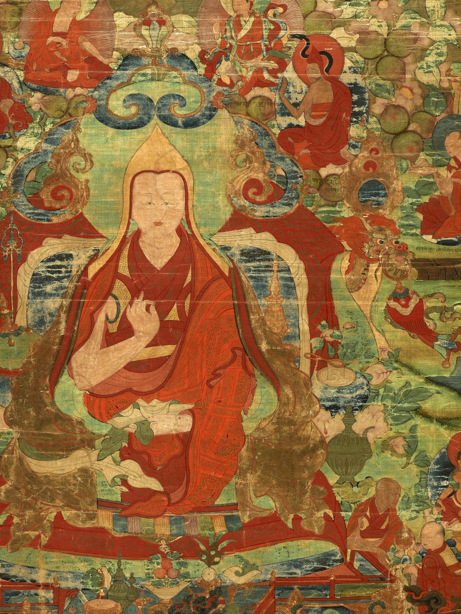 Yksityiskohta kolmannesta panchen-lamasta Losan Penden Yeshe (guassi kankaalla) tekijältä Tibetan School