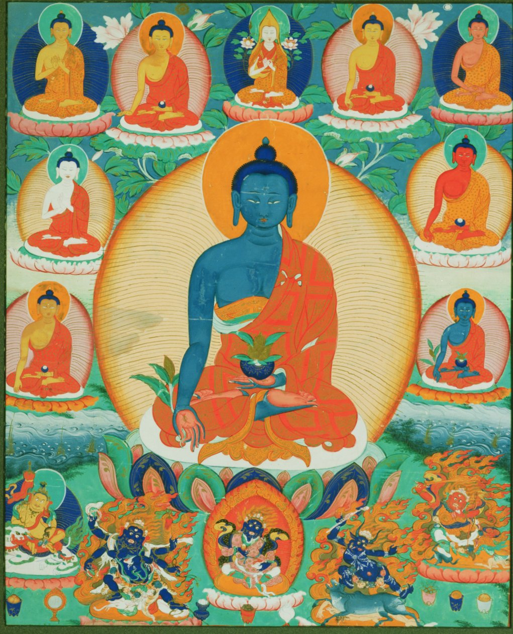 Thangka-maalaus, joka kuvaa Baishajyagurua Menlaa seitsemän muun lääkebuddhan kanssa, 1780-1880 (paperi) tekijältä Tibetan School