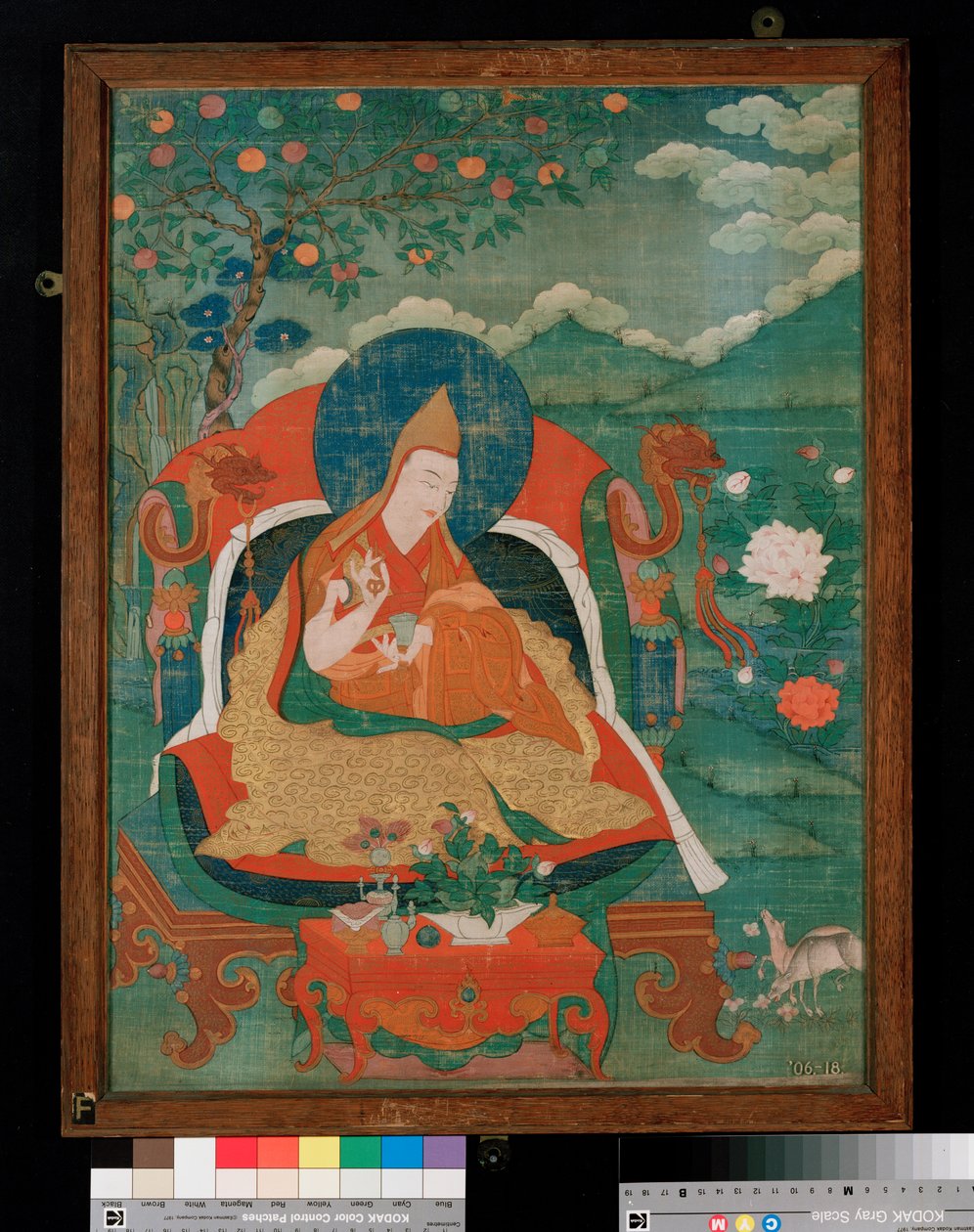 Thangka-maalaus, jossa näkyy Lamaismin Keltaisen Hatun Isä -lahko, Gelupga Lama, n. 1700-1825 (penkkatauti kankaalle) tekijältä Tibetan School