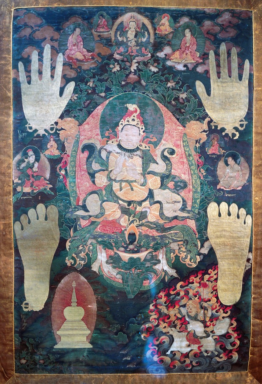 Gnya-Khri btsan-Po, legendaarinen Tiibetin ensimmäinen kuningas, bodhisattva Avalokitesvara, yksi Tiibetin ajallisista ja henkisistä johtajista, reinkarnaatio, maalaus kankaalle, Tiibetin sivilisaatio tekijältä Tibetan School