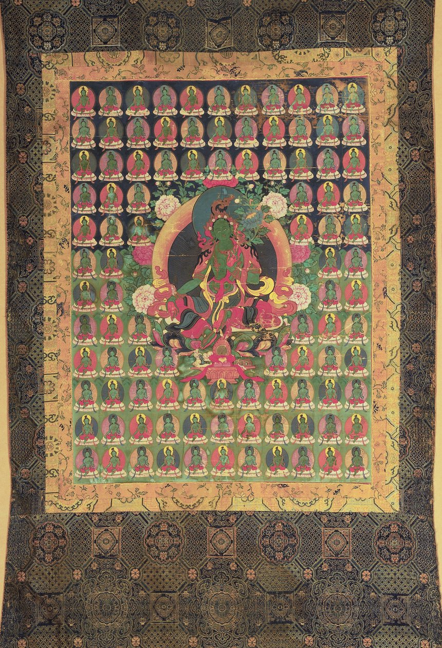 Vihreä Tara, (guassi ja kullattu puuvillalla) tekijältä Tibetan School