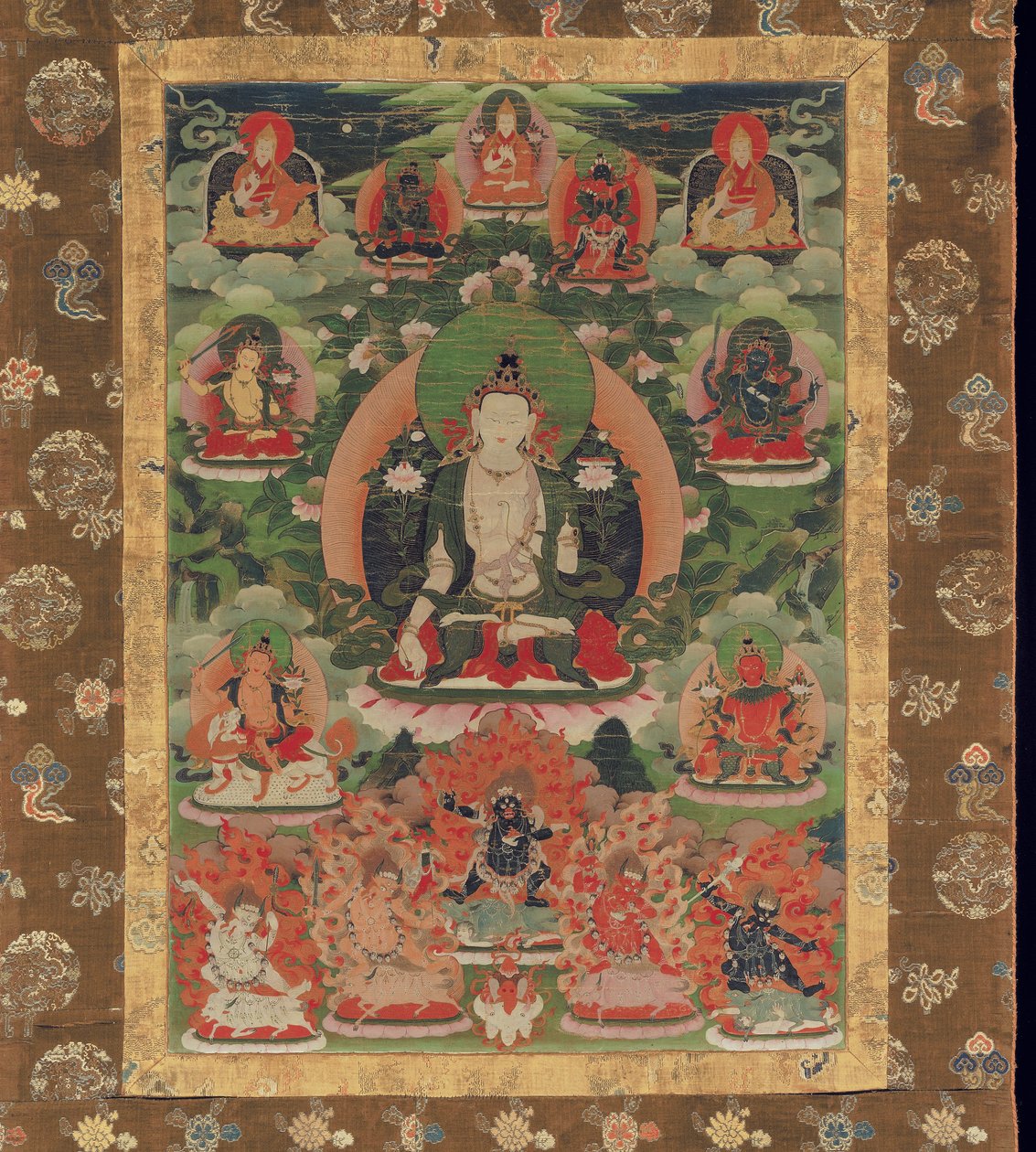 Manjushri, viisauden boddhisattva (jauhettu mineraalipigmentti puuvillalla) tekijältä Tibetan School