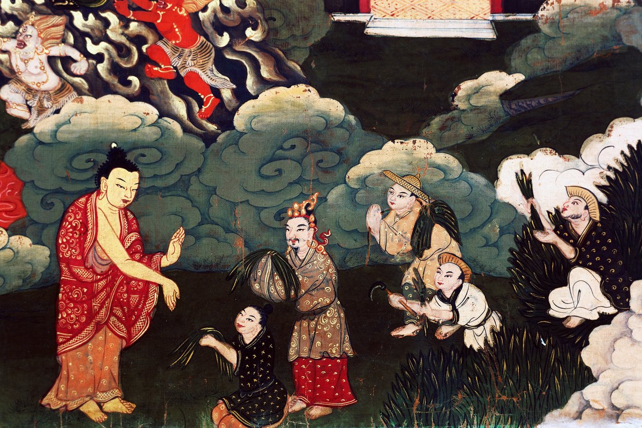 Tarjoaa ruohokimppuja, kohtauksia Buddha Shakyamunin elämästä tekijältä Tibetan School
