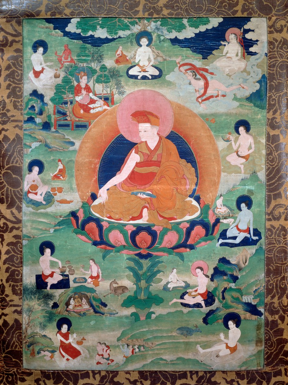 Lama Rdo Rje Grags Pa, joka eli 1000-luvulla seuraajiensa ympäröimänä, maalaus, Tiibetin sivilisaatio tekijältä Tibetan School