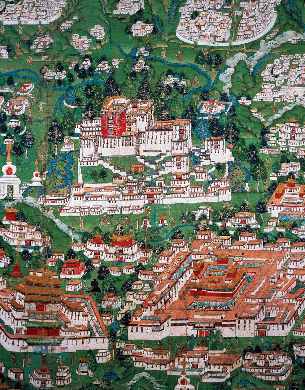Lhasan kaupunki ja Potala, värillinen kaiverrus tekijältä Tibetan School