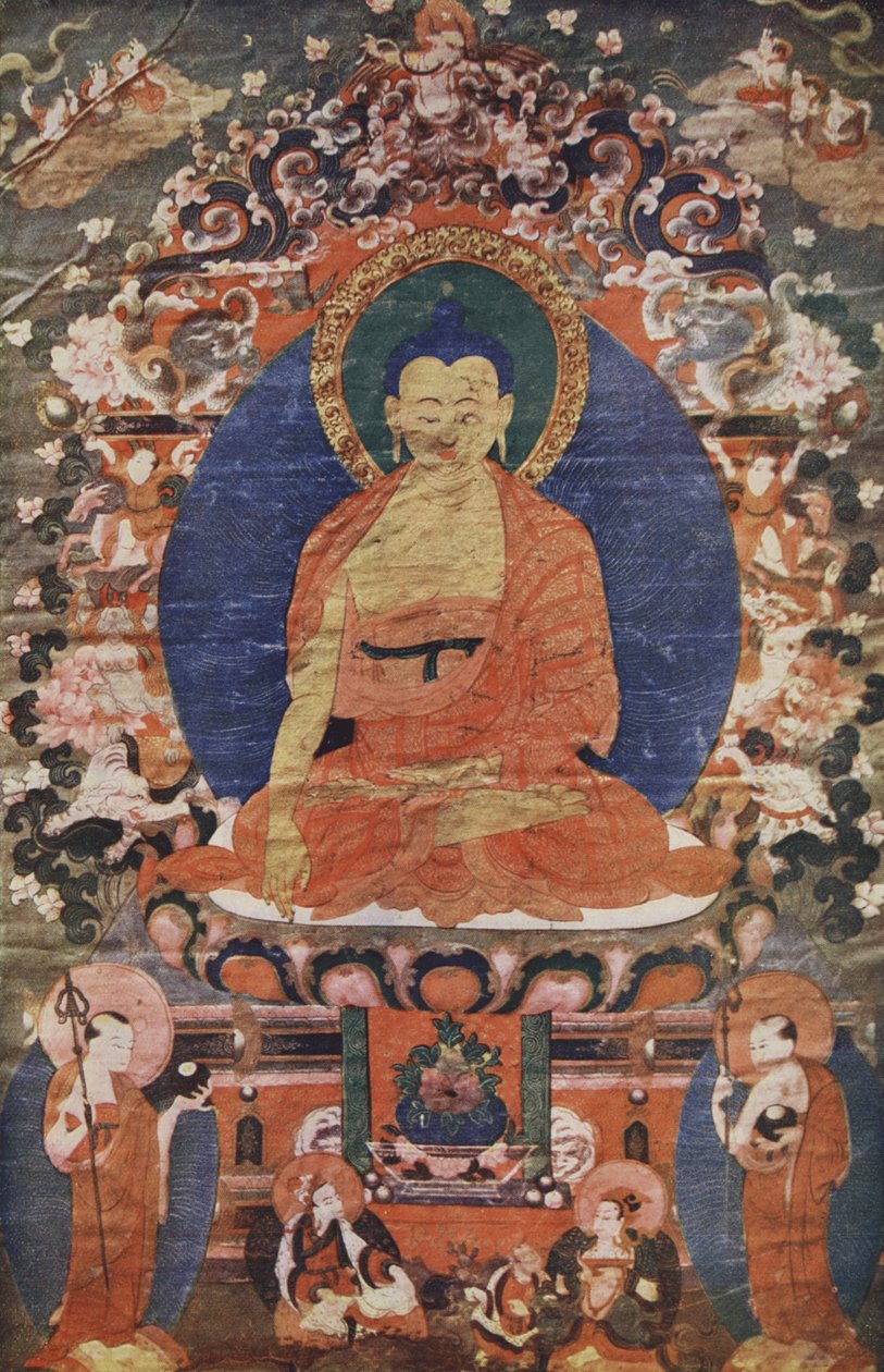 Tiibetin temppelin kuva valtaistuimelle nousseesta Buddhasta, 1700-luvulla, toistettu The Outline of History:ssa: pelkkä elämän ja ihmiskunnan historia, H.G. Wells, Lontoo tekijältä Tibetan School
