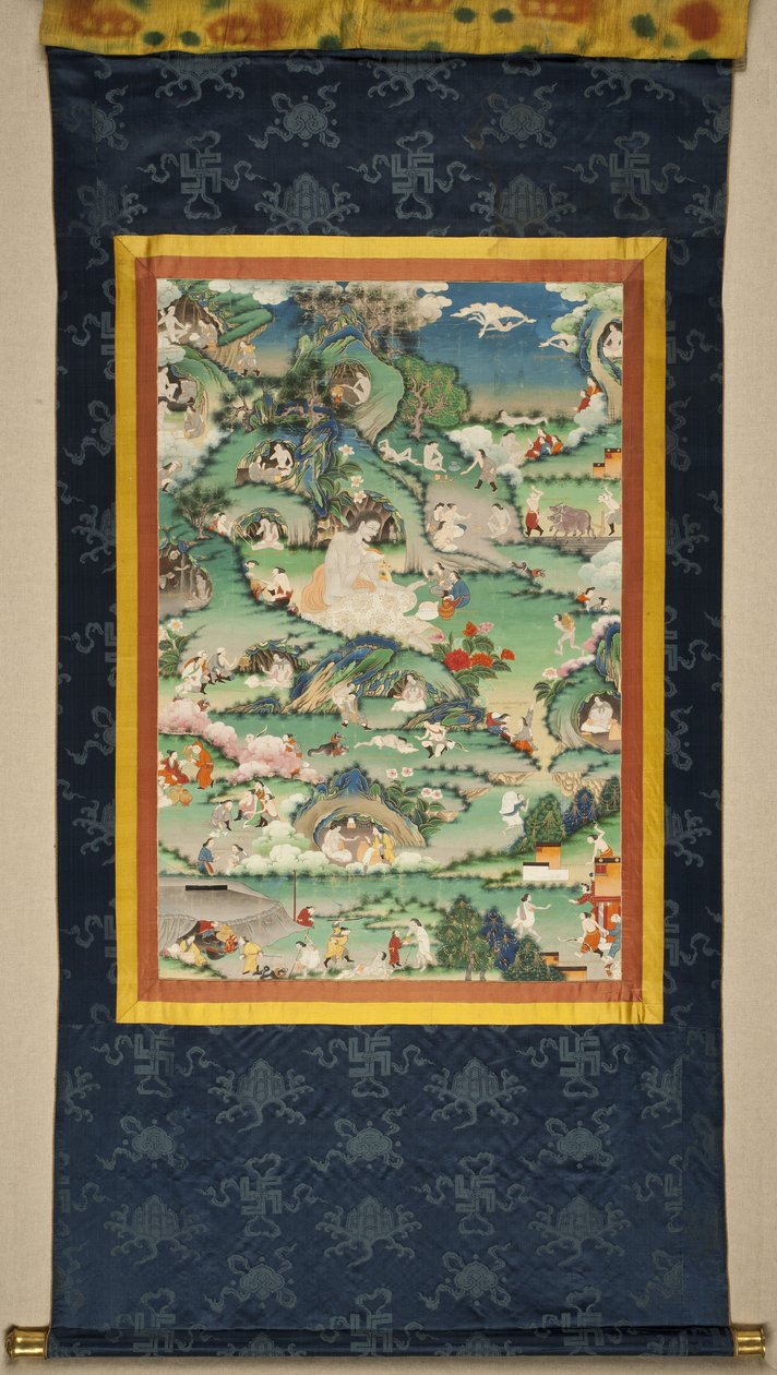 Kohtaus Milarepa Thangkan elämästä 1700-luvun lopulla. tekijältä Tibetan culture