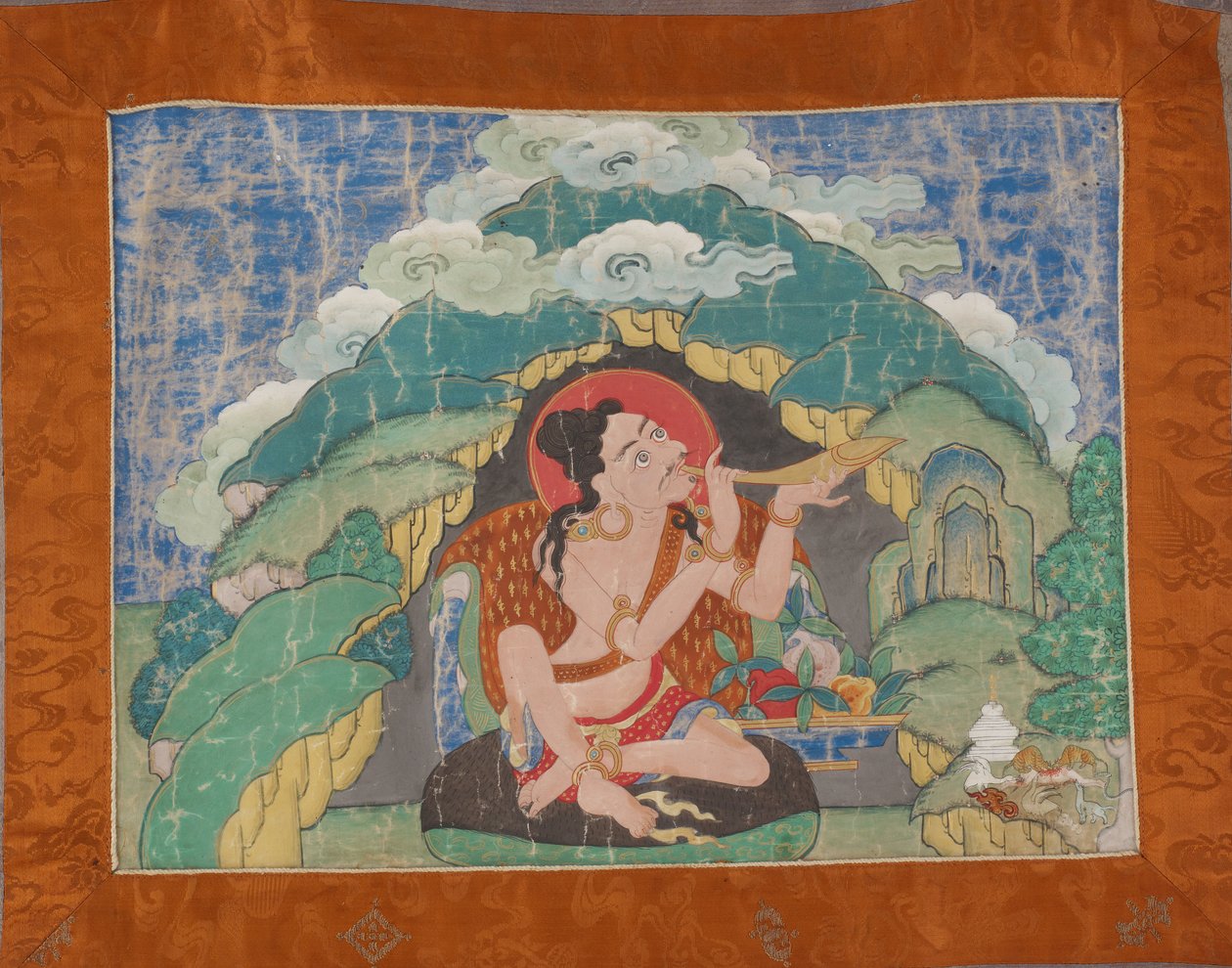 Mahasiddha Krishnacharya, osittaisesta thangka-sarjasta, 1800-luvun alku (mineraalipigmentit kokoisella puuvillalla; alkuperäinen brokaattikiinnitys) tekijältä Tibetan School