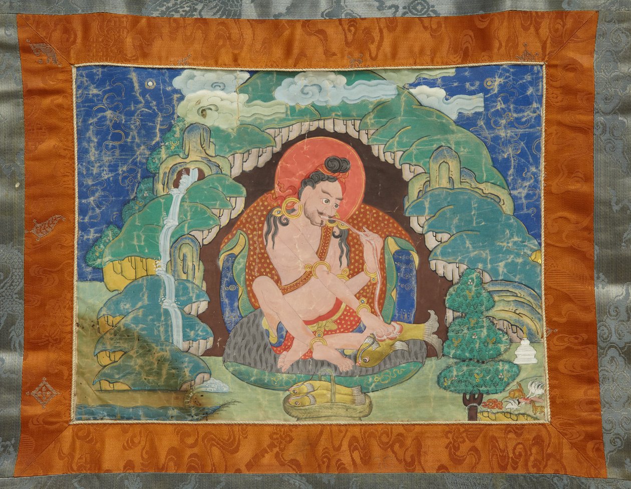 Mahasiddha Luipa, osittaisesta thangka-sarjasta, 1800-luvun alku (mineraalipigmentit kokoisella puuvillalla; alkuperäinen brokaattikiinnitys) tekijältä Tibetan School