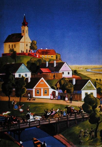 Tyypillinen unkarilainen kylä, kuva turistiesitteestä, n. 1930-40 (väri litho) tekijältä Tibor Polya