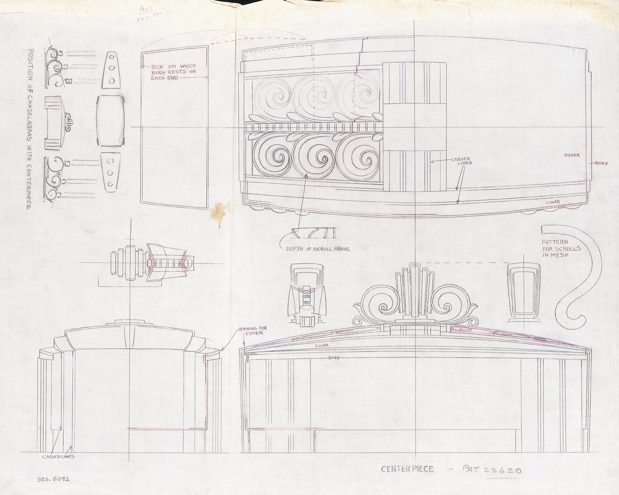 Piirustus Tiffany & Co. -näyttelyn keskipisteestä ja kahdesta kolmen valon kynttelikköstä, tehty vuoden 1939 maailmannäyttelyä varten, n. 1939 (muste paperille) tekijältä Tiffany and Company