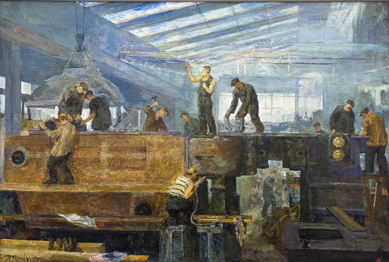 Le plan quinquennal - Turbiinin asennus par Chernyshev, Tikhon Pavlovich (1882-1942). Öljy kankaalle, koko: 75x110 tekijältä Tikhon Pavlovich Chernyshev