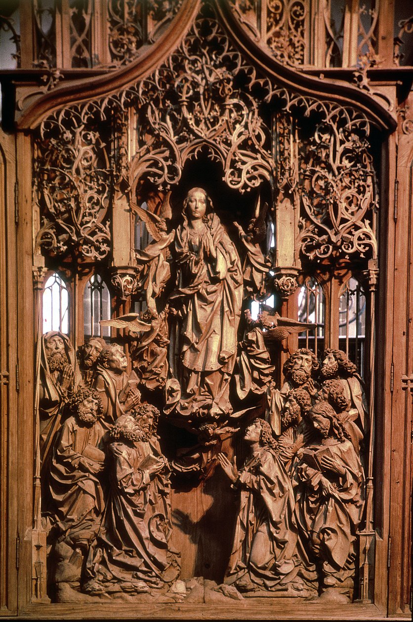 Neitsyt taivaaseenastuminen, Marienaltarin keskustaulu, 1505-10 (kalkkipuu) tekijältä Tilman Riemenschneider