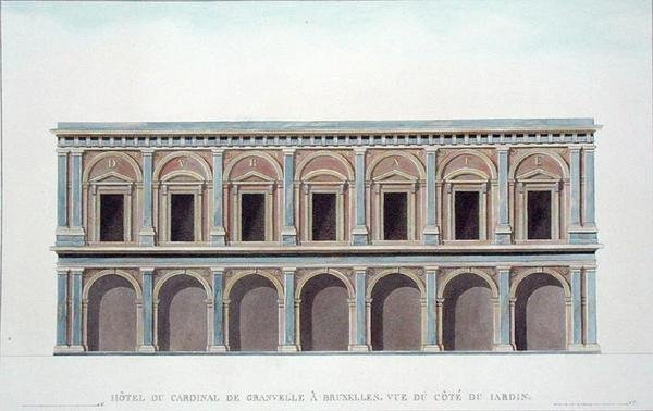Kardinaali de Granvellen (1517-86) asuinpaikka, Bryssel, näkymä puutarhasta, Pierre Jacques Goetghebuerin 1827 (akvatinta) julkaisusta "Valinta Alankomaiden kuningaskunnan merkittävimmistä monumenteista, rakennuksista ja taloista" (katso myös 189226) tekijältä Tilman Francois (after) Suys