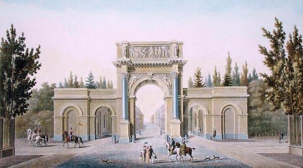 Porte de Guillaume, Bryssel, Pierre Jacques Goetghebuerin teoksesta "Alankomaiden kuningaskunnan merkittävimpien monumenttien, rakennusten ja talojen valinta", kirjailijan kaiverrus, julkaistu 1827 (akvatinta) tekijältä Tilman Francois (after) Suys