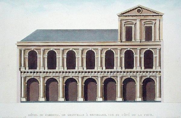 Sivukuva kardinaali de Granvellen (1517–1586) asunnosta Brysselissä Pierre Jacques Goetghebuerin teoksesta "Alankomaiden kuningaskunnan merkittävimpien monumenttien, rakennusten ja talojen valinta", kirjoittajan kaivertama, julkaistu 1827 (akvatinta) ) (ka tekijältä Tilman Francois (after) Suys
