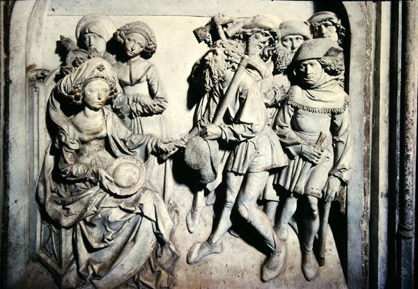 Henri II:n (973-1024) ja hänen vaimonsa Kunigunden hauta, yksityiskohta Kunigundesta epärehellisten palvelijoiden irtisanomisesta tekijältä Tilman Riemenschneider