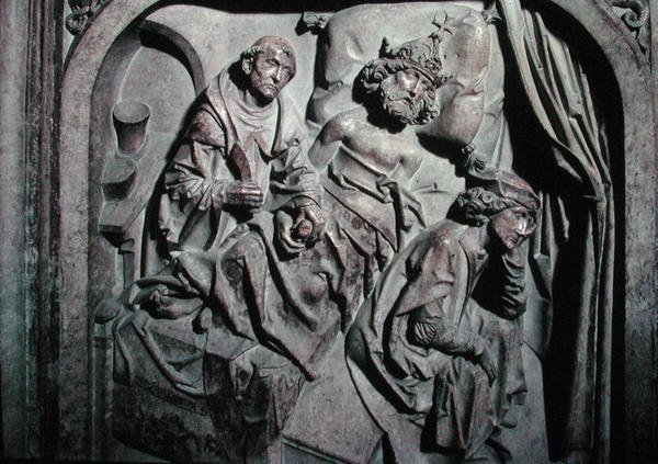 Henri II:n (973-1024) ja hänen vaimonsa Kunigunden hauta, yksityiskohta keisarista, jota ohjasi Pyhä Benedictus tekijältä Tilman Riemenschneider