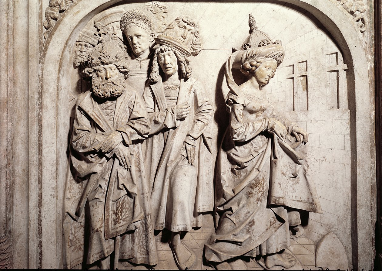 Henrik II:n 973-1024 ja hänen vaimonsa Kunigunden hauta, yksityiskohta Kunigunden oikeudenkäynnistä aviorikoksesta epäiltynä, 1499-1513, kivi. tekijältä Tilman Riemenschneider