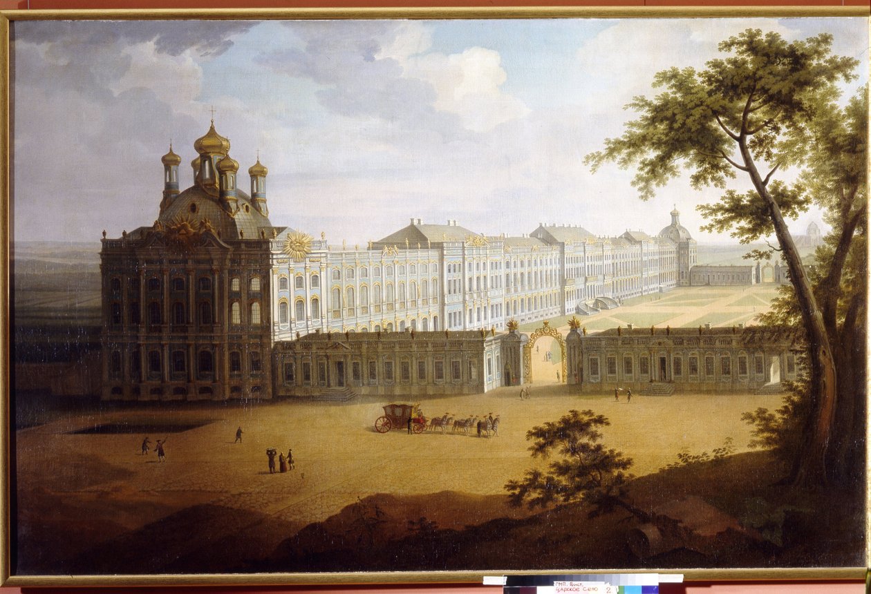 Suuri palatsi Tsarkoye Selossa (Venäjä). Timofei Aleksejevitš Vasiljevin (1783-1838) maalaus öljy kankaalle tekijältä Timofei Alexeyevich Vasilyev
