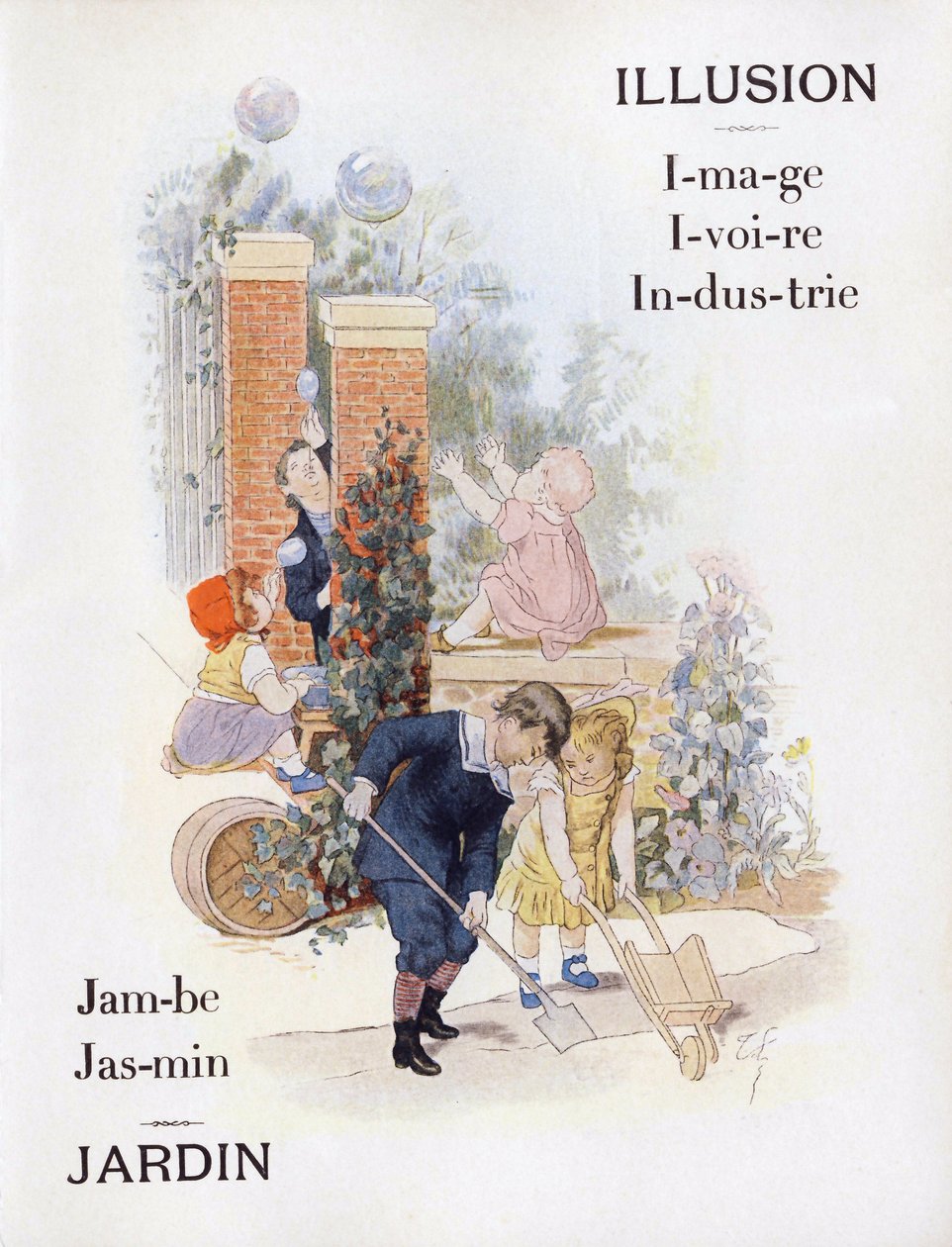 Kirjaimet I ja J edustavat lapsia puutarhassa, 1800-luvun loppu (kromolitografia) tekijältä Timoleon Marie Lobrichon
