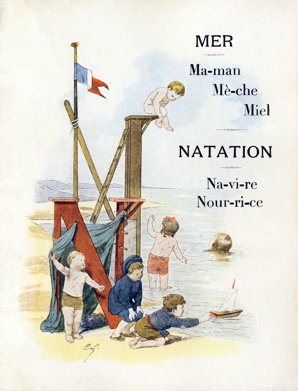 Kirjaimet M ja N edustavat lapsia rannalla, 1800-luvun loppu (kromolitografia) tekijältä Timoleon Marie Lobrichon