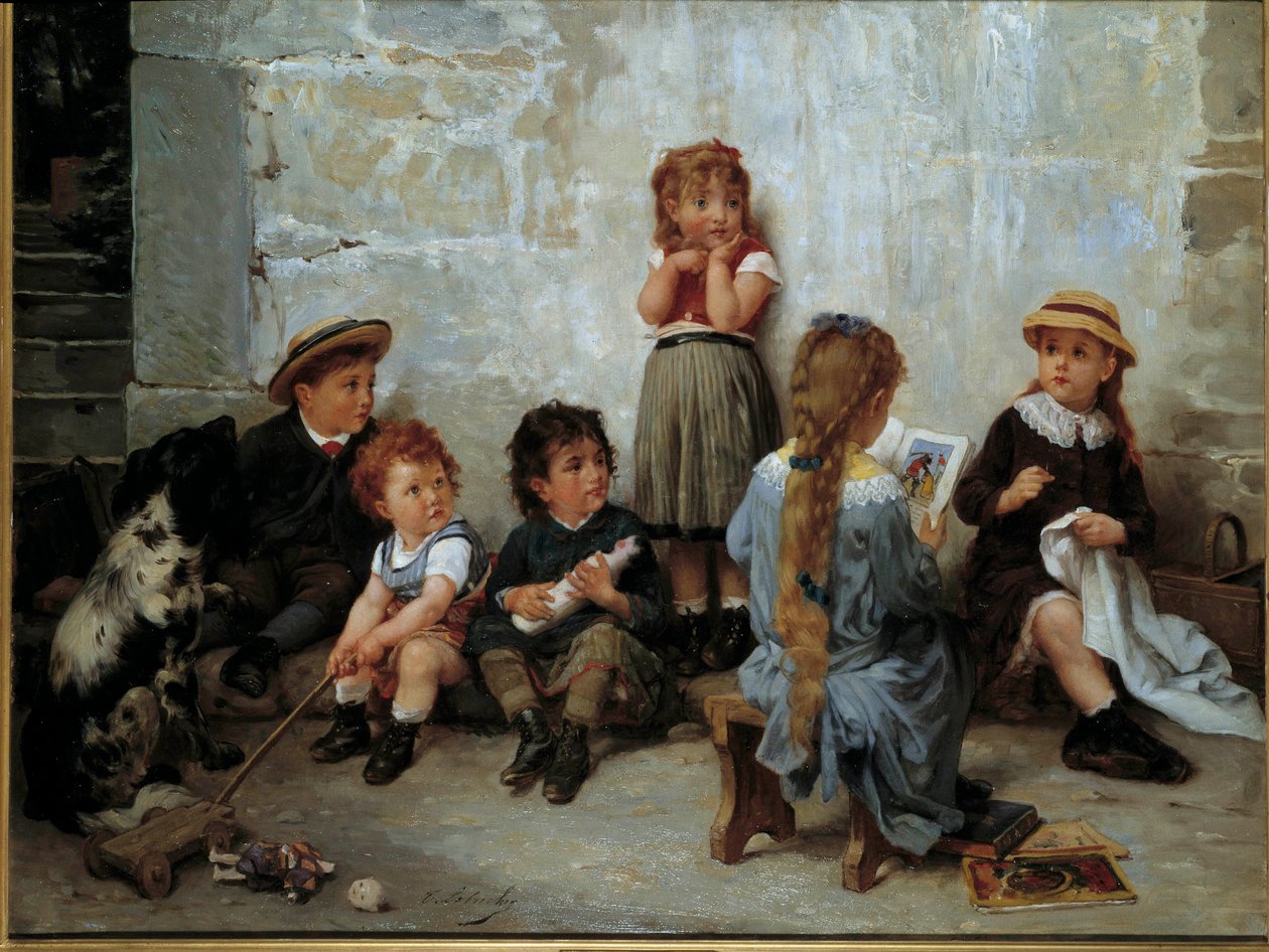 Jännittävä kohta Lapset kuuntelevat kirjaa. Timoleon Lobrichonin (1831-1914) maalaus 1800-luvulta. Yksityinen kokoelma tekijältä Timoleon Marie Lobrichon