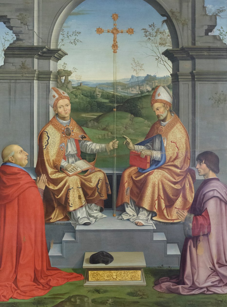 Piispa Giovanni Pietro Arrivabenen ja hänen veljenpoikansa Giacomon palvomat pyhimykset Thomas Becket ja Martinus Toursin pyhimykset. tekijältä Timoteo Viti