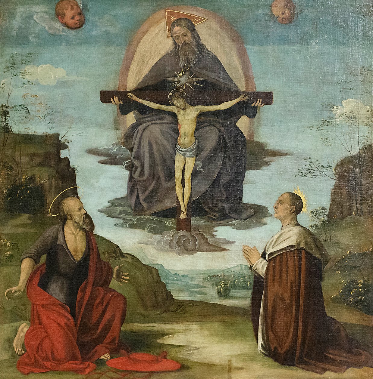 Kolminaisuus ja pyhä Hieronymus ja siunattu Colombini, noin 1520 (öljy kankaalle). tekijältä Timoteo Viti