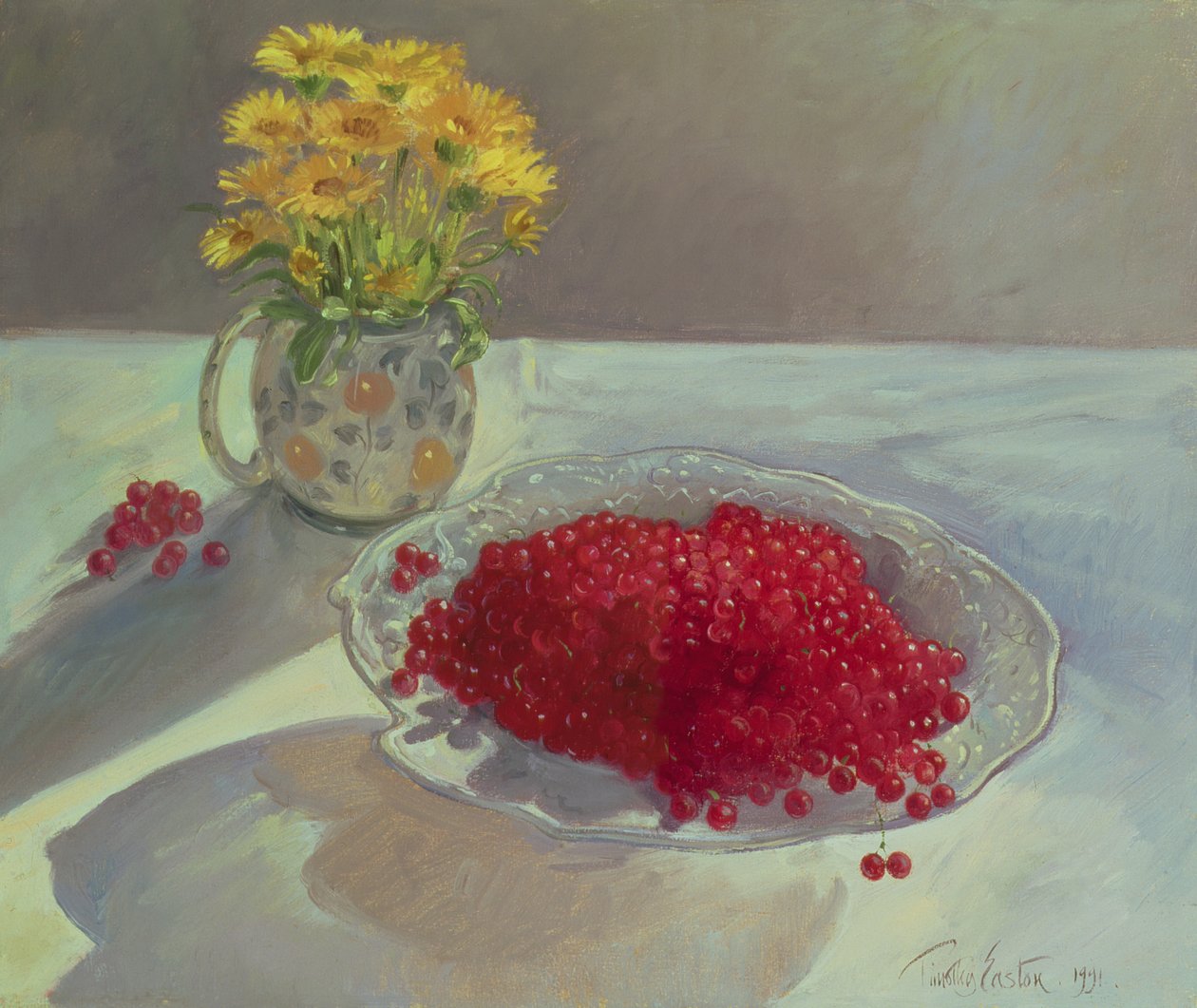 Asetelma punaherukoilla ja kehäkukkailla, 1991 tekijältä Timothy Easton