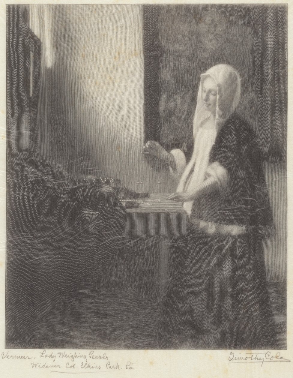 Nainen punnitsee helmiä tekijältä Timothy Cole after Johannes Vermeer
