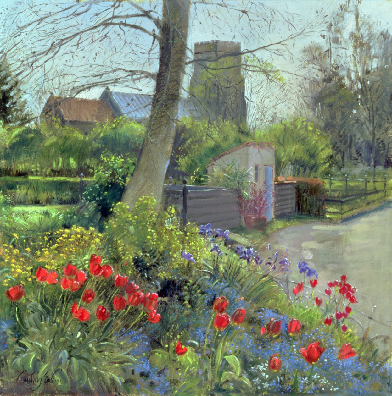 Punaiset tulppaanit ja Bedfield Church (öljy kankaalle) tekijältä Timothy Easton