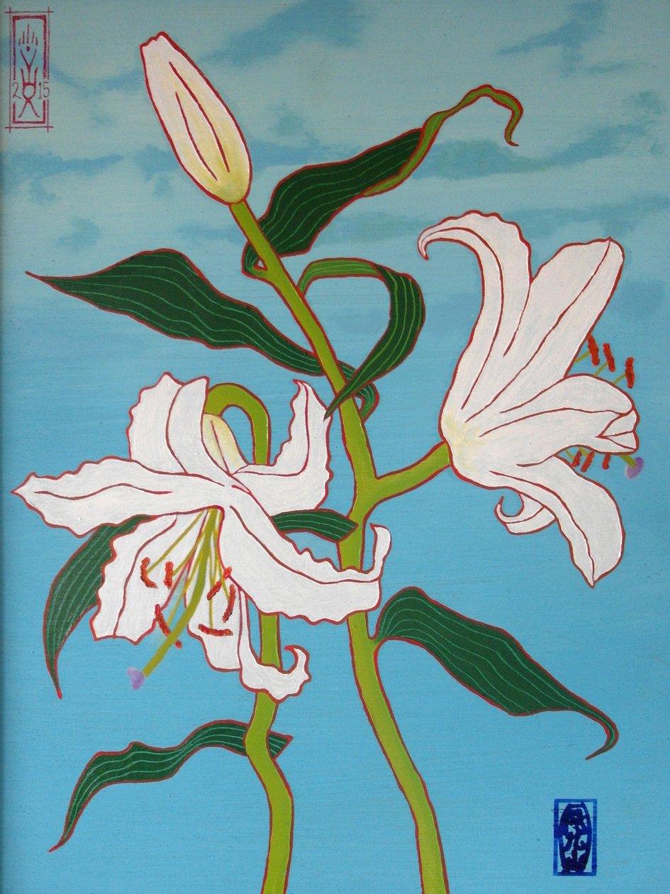 Valkoinen lilja sinisellä pohjalla, 2010, öljy puulle tekijältä Timothy Nathan Joel