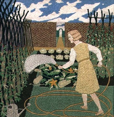 Nainen kastelee puutarhaa (käsityö) tekijältä Tirzah Ravilious