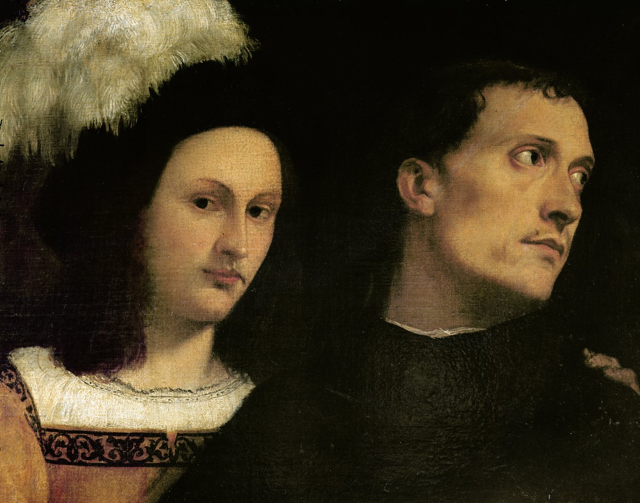 Konsertti (yksityiskohta spinetisoittimen päästä ja nuoresta sviittiin, jolla on höyhenhattu), n. 1510 tekijältä Tiziano Vecelli