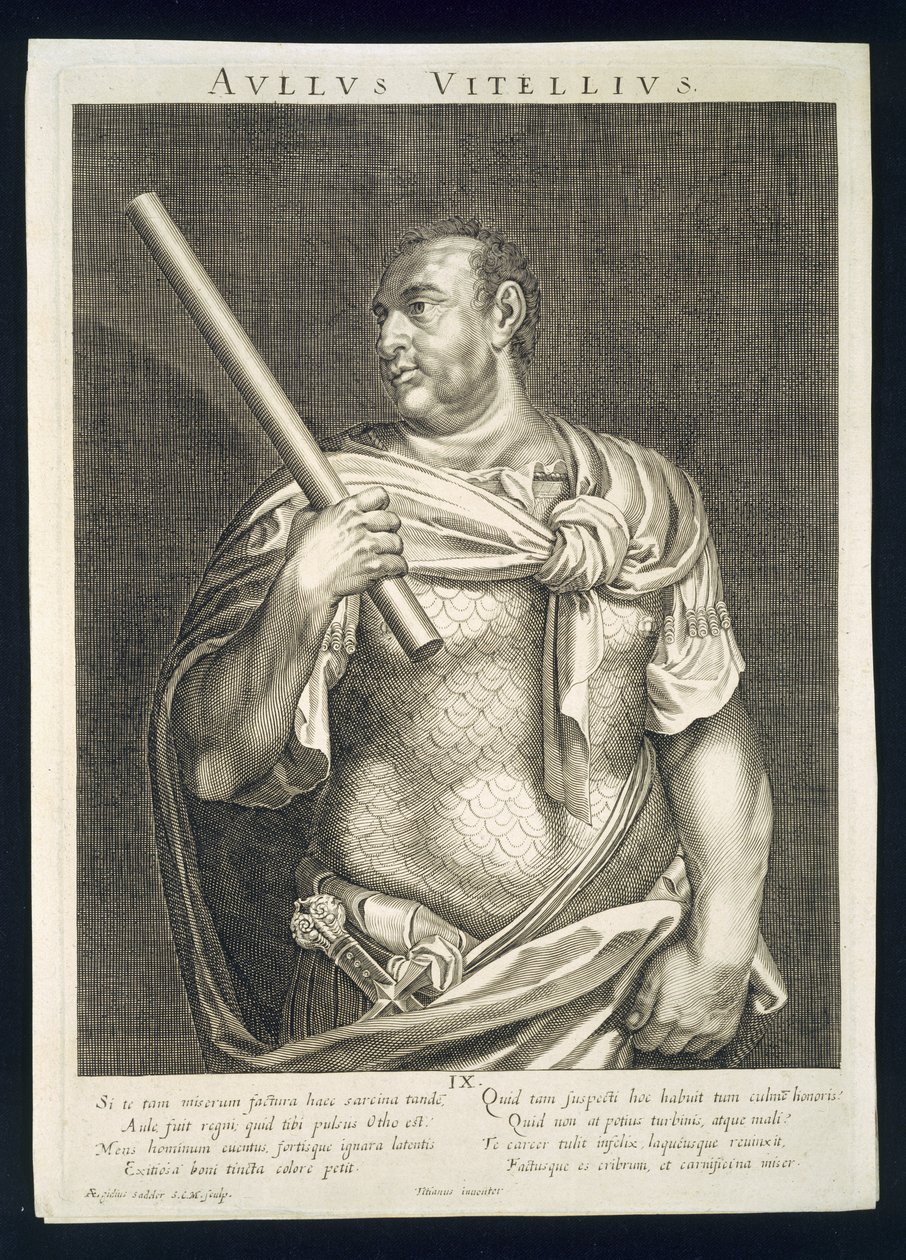 Aullus Vitellius Rooman keisari 68 jKr. Aegidius Sadelerin (1570-1629) kaiverrama kuva tekijältä Tiziano Vecelli