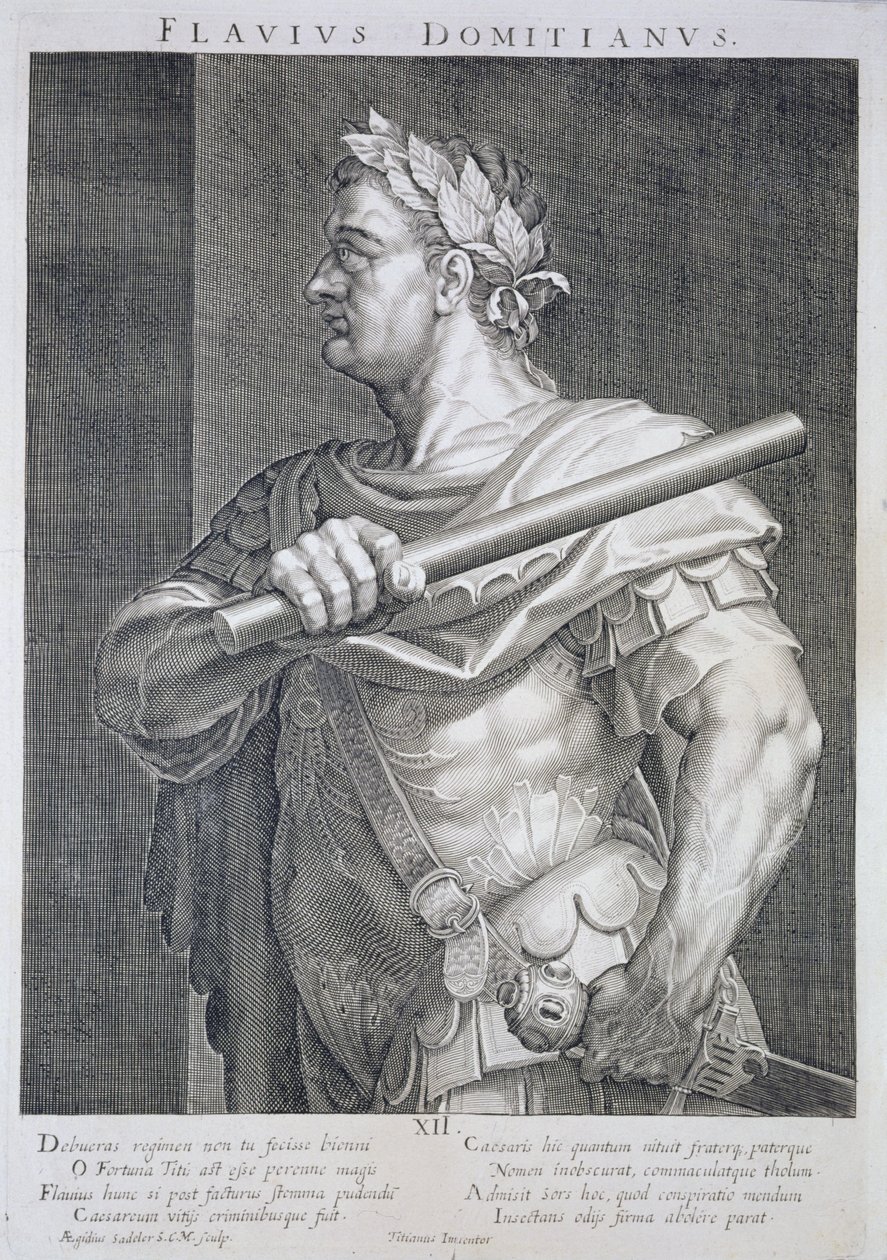 Flavius Domitianus (51–96 jKr) Rooman keisari 81–96 jKr. kaivertanut Aegidius Sadeler (1570–1629) tekijältä Tiziano Vecelli