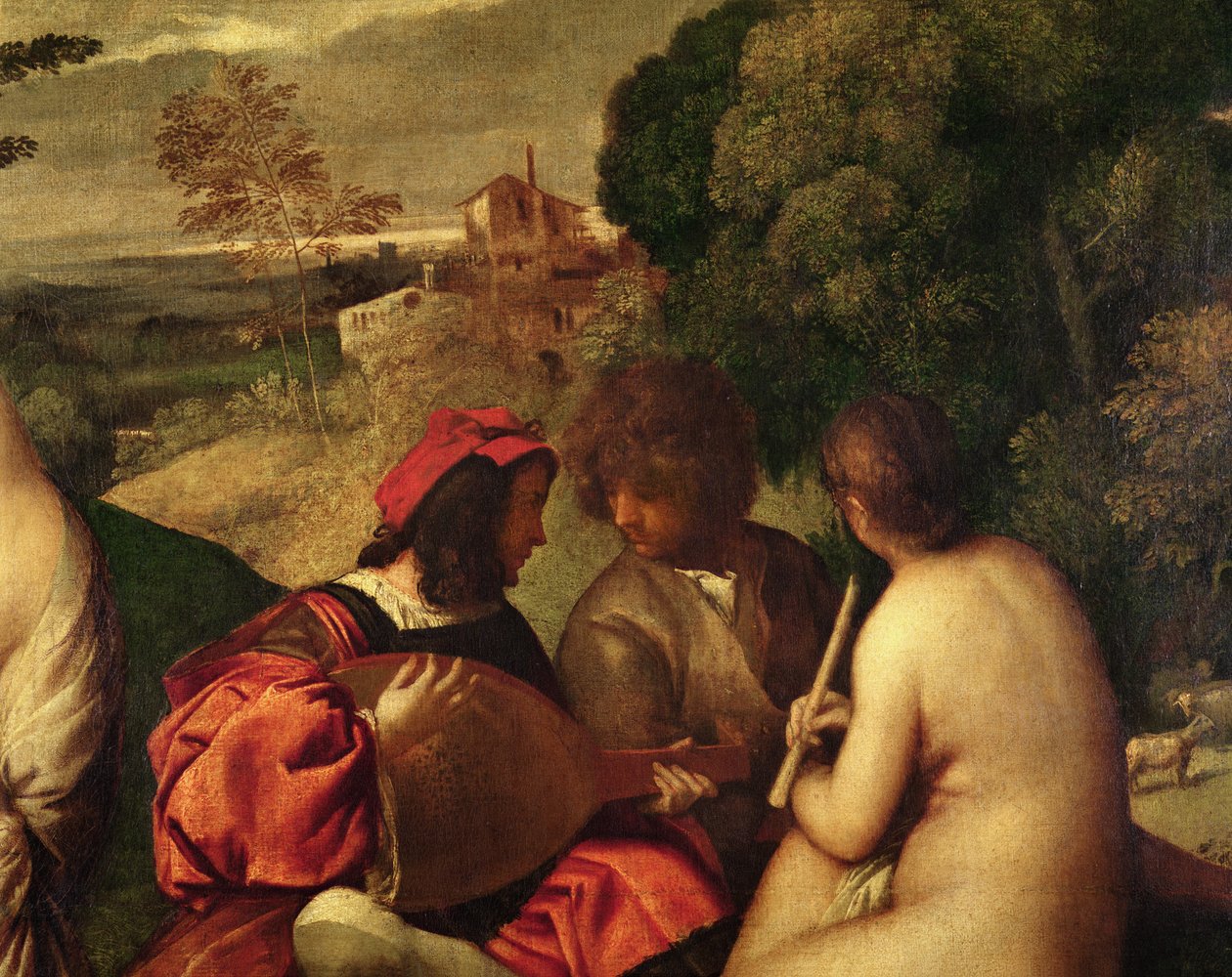 Le Concert Champetre ulkoilmakonsertti, n.1510 öljy kankaalle yksityiskohta 18096:sta tekijältä Tiziano Vecelli